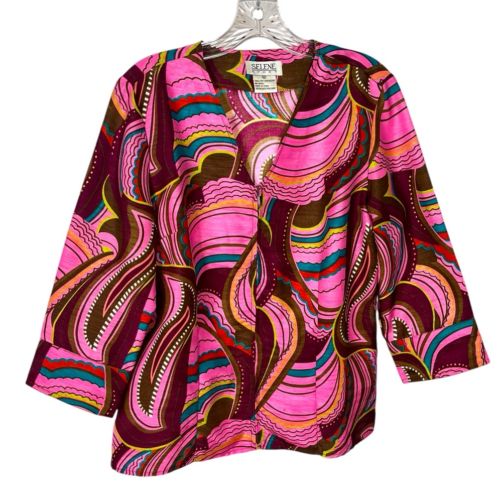 Vintage Selene Zip front Blouse Shirt Jacket Shacket Blazer Artsy Colorful Med